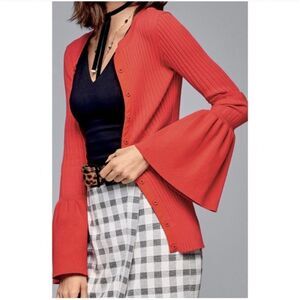 CAbi Women’s Red Orange Trumpet Bell Sleeve Ribbed Snap Button Cardigan Sweater